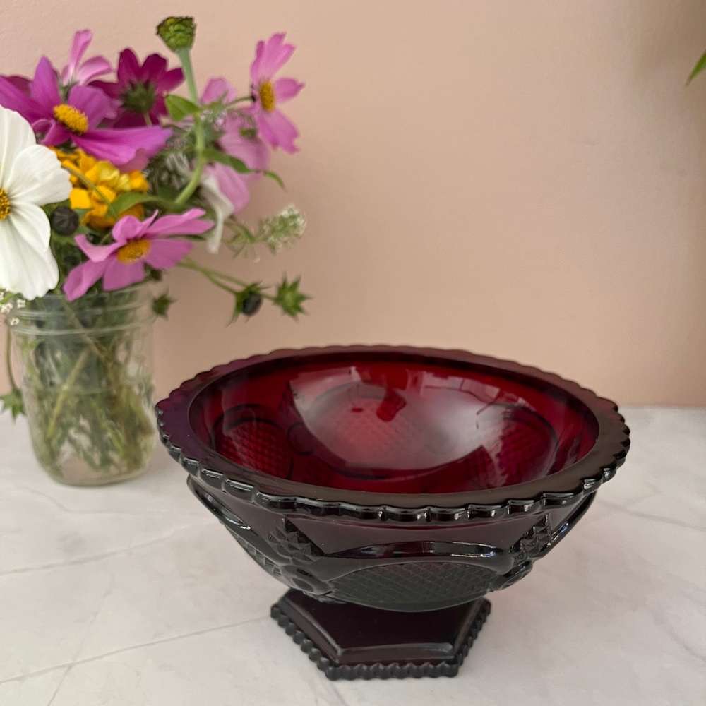 Vintage Avon Cape Cod Ruby Red Footed Bowl